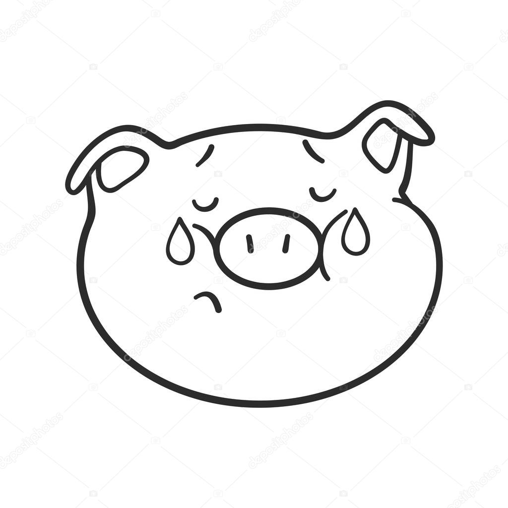 Crying emoticon icon. Emoji pig for coloring book.