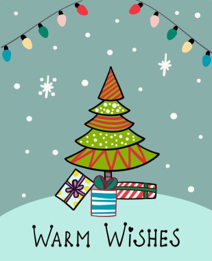 Çizgi film davetiye. Noel ağacı ile bazı giftsunder bu ışık zemin üzerinde. Sıcak dilek metin. Vektör yeni yıl çizim.