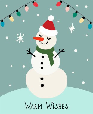 Çizgi film davetiye. Işık zemin kardan adam. Sıcak dilek. Vektör yeni yıl çizim.