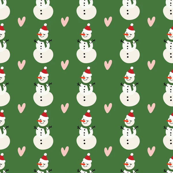 Vector winter patroon voor decoratie design met sneeuwpop en hart op een groene achtergrond. Winter achtergrond decoratie. — Stockvector