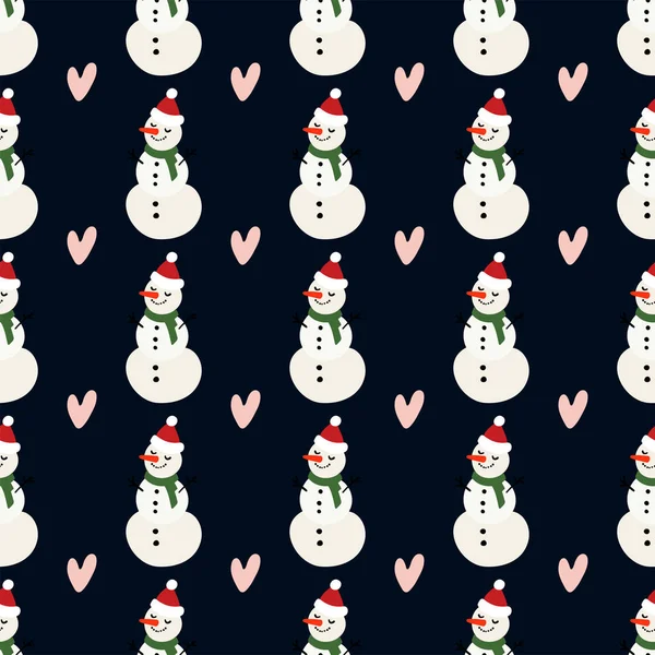 Vector winter patroon voor decoratie design met sneeuwpop en hart op een donkere achtergrond. Winter achtergrond decoratie. — Stockvector