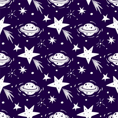 Vektör gezegenler ve göktaşları ile seamless modeli. Cosmos Tema.