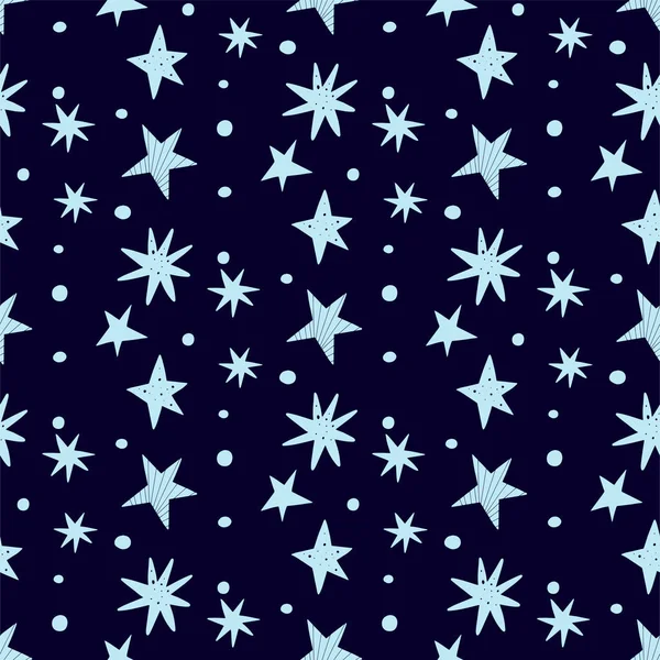 Padrão sem costura vetorial com estrelas brilhantes em um fundo azul escuro. Tema Cosmos . — Vetor de Stock