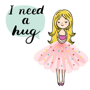 Sevimli küçük kız cuddeling kendinsin. Bir konuşma balonu sarılmak metinde ihtiyacım var. İzole vektör çizim.