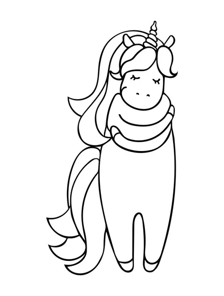 Mignonne petite licorne se câline. Illustration isolée vectorielle noir et blanc pour livre à colorier . — Image vectorielle