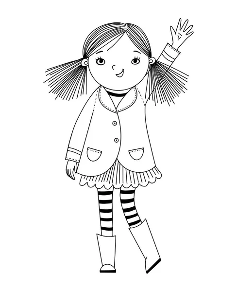 Little girl is waving her hand. Black and white illustration for coloring book. Vector outline illustration. — Stock Vector