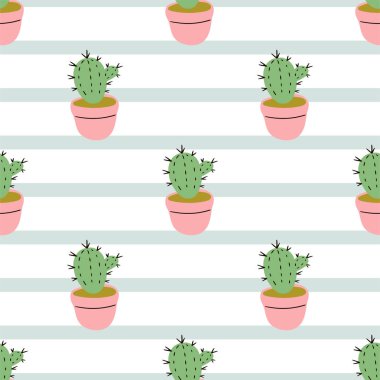 Vektör saksı çizgili arka plan üzerinde kaktüsler ile seamless modeli.