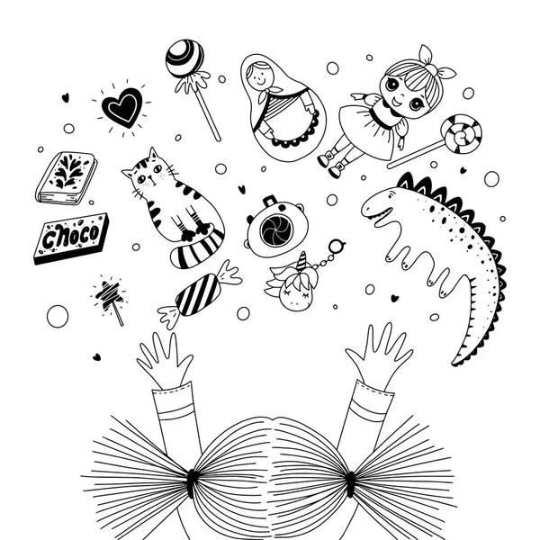 Mädchen strecken ihre Arme nach Spielzeug und Süßigkeiten aus. Schwarz-Weiß-Illustration für Malbuch. Vektorskizze Illustration. — Stockvektor