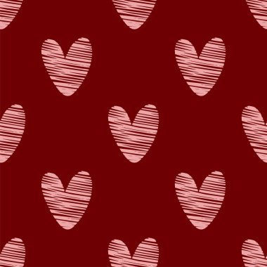 Koyu kırmızı arka planda pembe kalpleri ile vektör Dikişsiz desen.