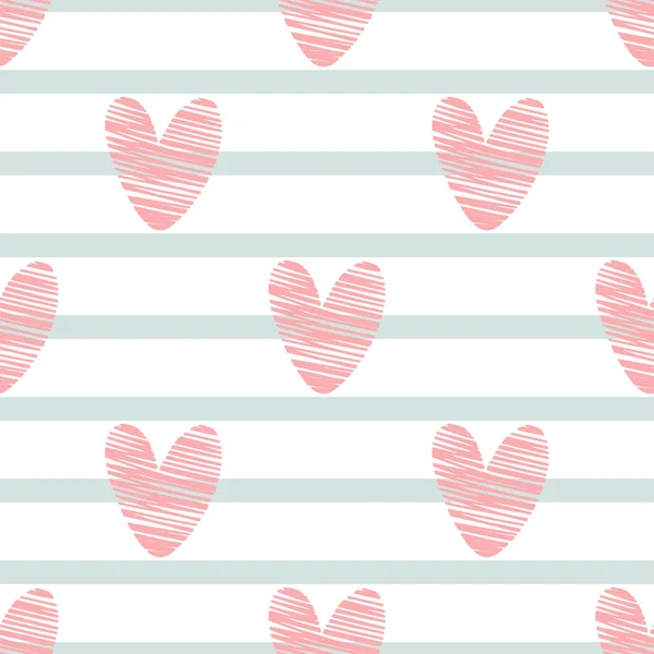Nahtloses Muster mit rosa Herzen und Streifen. — Stockvektor