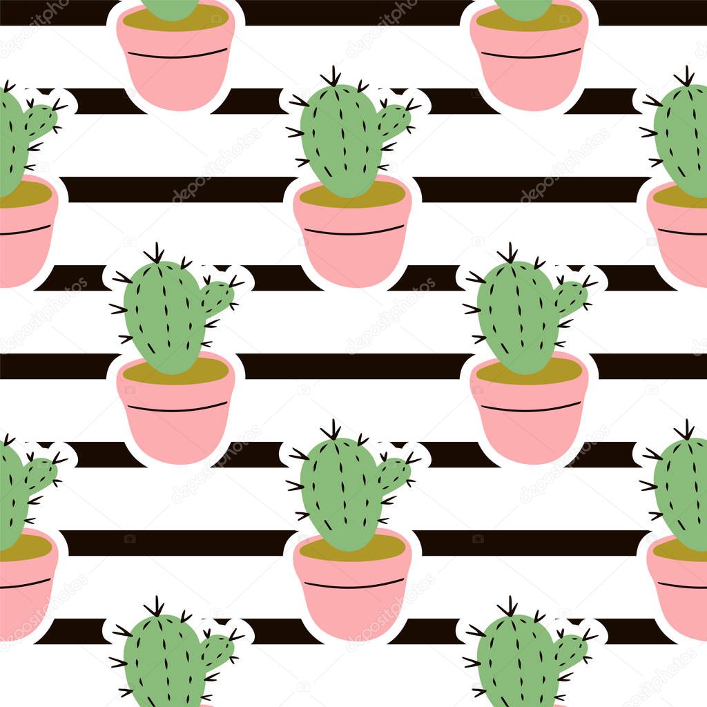 Vector seamless pattern with cactuses in flower pots on striped background.