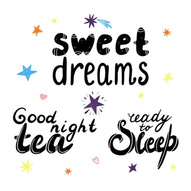 Elle çizilmiş bir yazı seti. Tatlı rüyalar, iyi geceler çay ve beyaz bir arka plan üzerinde yıldız harflerle yazı uykuya hazır.
