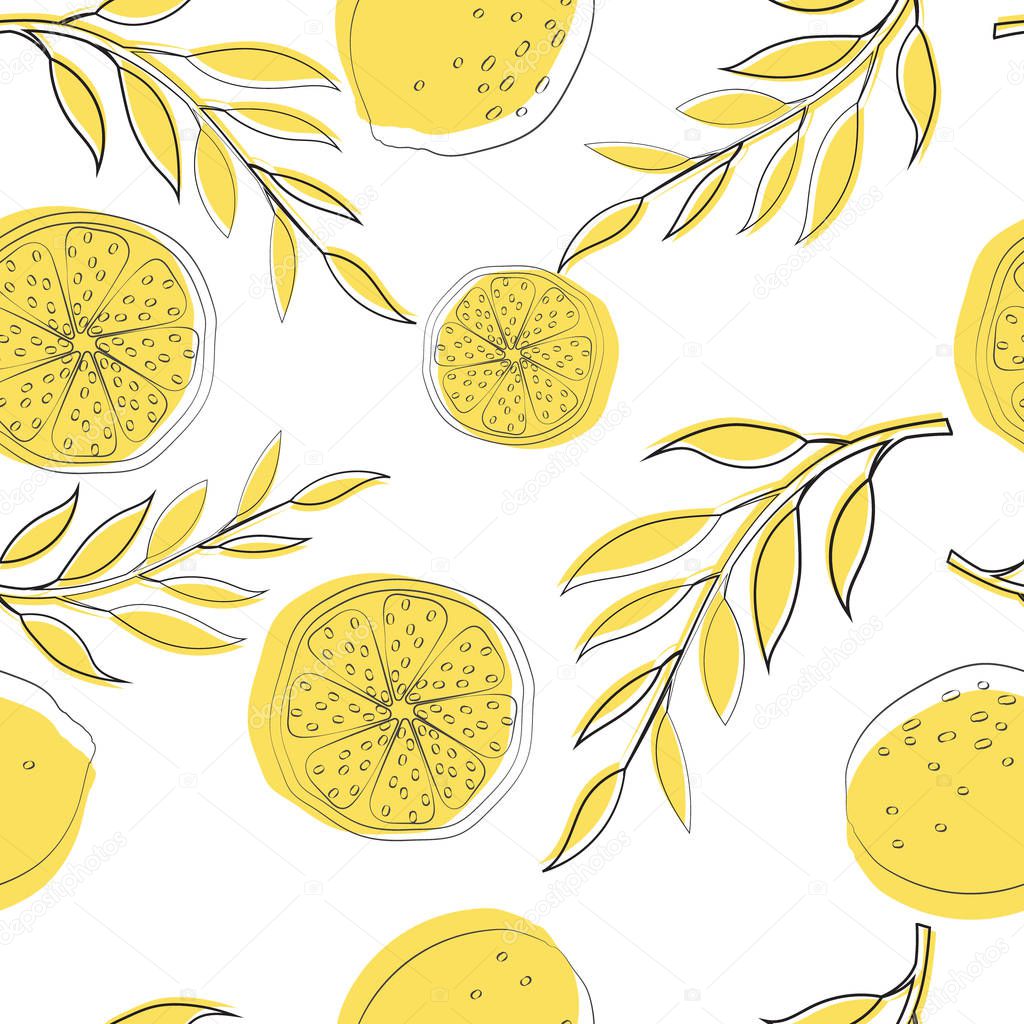 Seamless floral pattern with lemon slices on white background