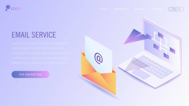 Web sayfa tasarım şablonu. E-posta hizmeti izometrik vektör çizim. Web posta veya mobil servis düzeni Web sitesi açılış başlık için. Düz izometrik vektör çizim. EPS 10.
