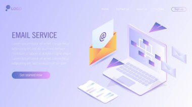 Web sayfa tasarım şablonu. E-posta hizmeti izometrik vektör çizim. Web posta veya mobil servis düzeni Web sitesi açılış başlık için. Düz izometrik vektör çizim. EPS 10.