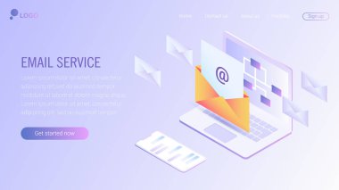 Web sayfa tasarım şablonu. E-posta hizmeti izometrik vektör çizim. Web posta veya mobil servis düzeni Web sitesi açılış başlık için. Düz izometrik vektör çizim. EPS 10.