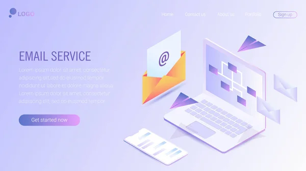 网页设计模板 电子邮件服务等距矢量插图 网站着陆头的 Web 邮件或移动服务布局 平面等距矢量插图 Epps — 图库矢量图片