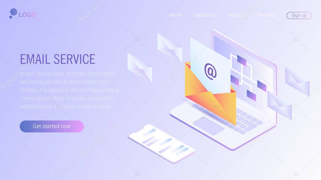 Web page design template. Email service isometric vector illustration. Webmail or mobile service layout for website landing header. Flat isometric vector illustration. EPS 10.