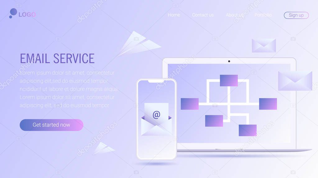 Web page design template. Email service isometric vector illustration. Webmail or mobile service layout for website landing header. Flat isometric vector illustration. EPS 10.