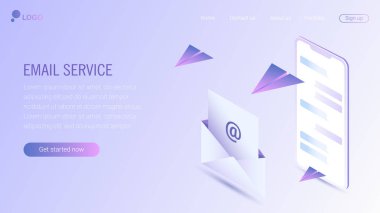 Web sayfa tasarım şablonu. E-posta hizmeti izometrik vektör çizim. Web posta veya mobil servis düzeni Web sitesi açılış başlık için. Düz izometrik vektör çizim. EPS 10.