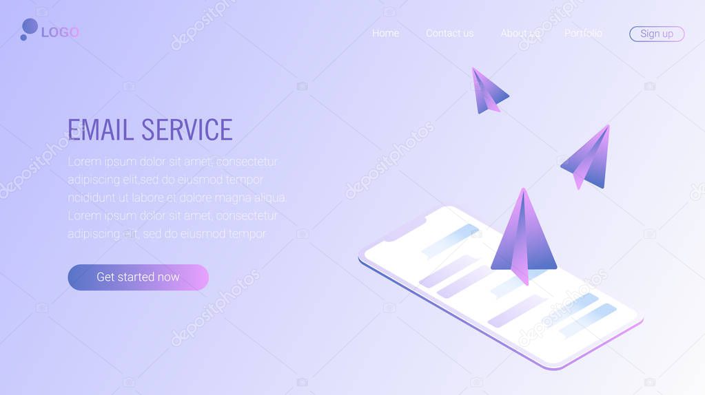 Web page design template. Email service isometric vector illustration. Webmail or mobile service layout for website landing header. Flat isometric vector illustration. EPS 8.