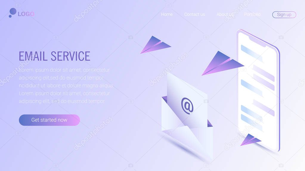 Web page design template. Email service isometric vector illustration. Webmail or mobile service layout for website landing header. Flat isometric vector illustration. EPS 10.
