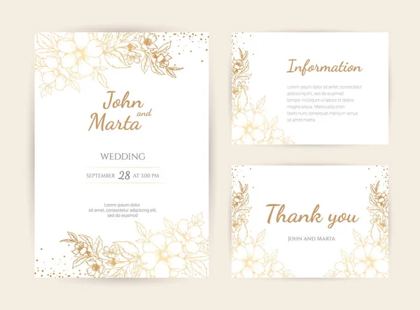 Γαμήλια πρόσκληση με χρυσά λουλούδια. eps10 — Διανυσματικό Αρχείο