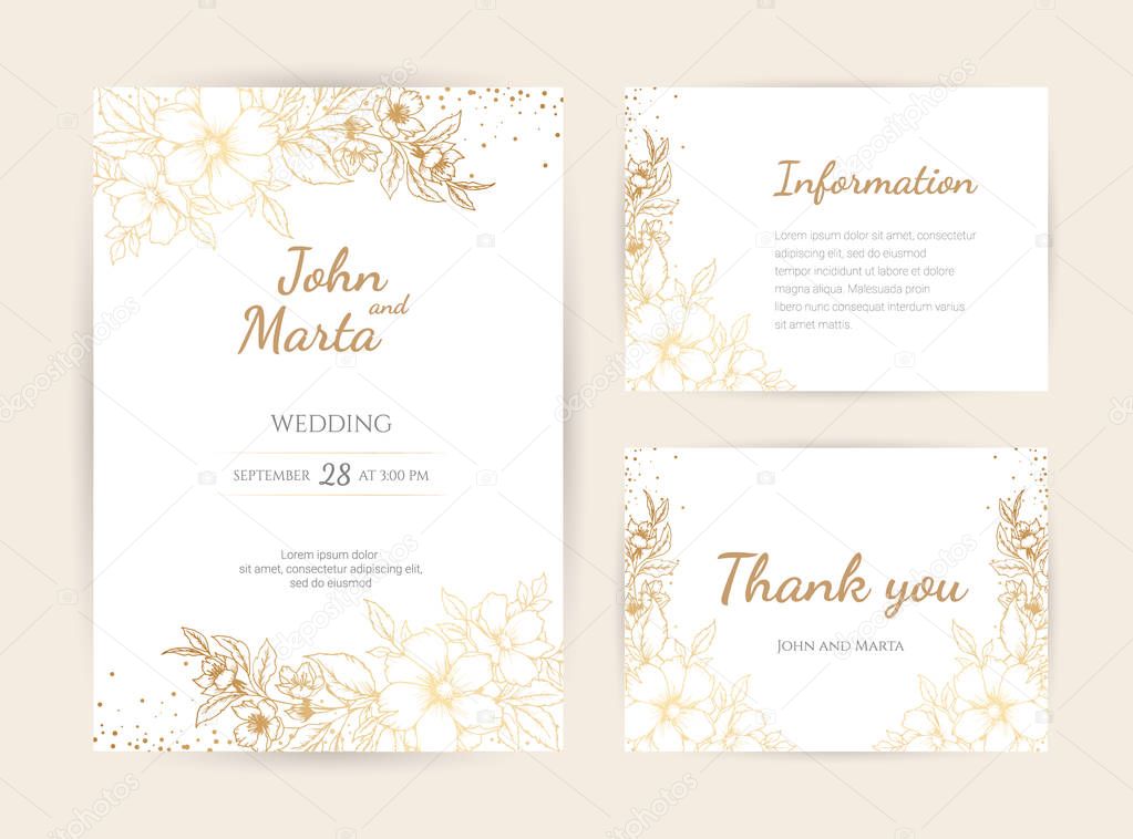 Wedding Invitation with Gold Flowers. eps10