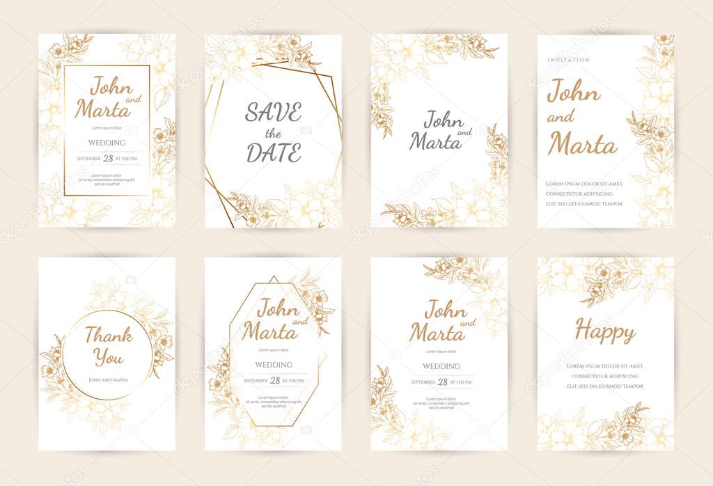 Wedding Invitation with Gold Flowers. eps10