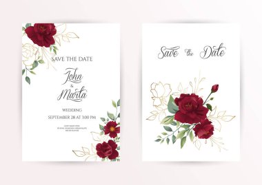 Kırmızı çiçekli düğün davetiyesi seti gül, okaliptüs yapraklı. Pankart, el ilanı, poster ve selamlama için çiçek desenleri. Vektör çizimi. 10 saniye.