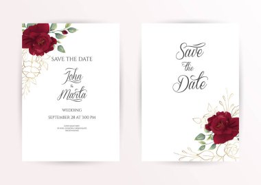 Kırmızı çiçekli düğün davetiyesi seti gül, okaliptüs yapraklı. Pankart, el ilanı, poster ve selamlama için çiçek desenleri. Vektör çizimi. 10 saniye.