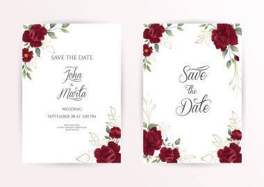 Kırmızı çiçekli düğün davetiyesi seti gül, okaliptüs yapraklı. Pankart, el ilanı, poster ve selamlama için çiçek desenleri. Vektör çizimi. 10 saniye.