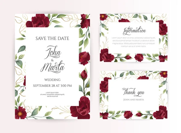 Hochzeitseinladungsset Mit Roten Blüten Eukalyptusblättern Floral Trendy Vorlagen Für Banner — Stockvektor