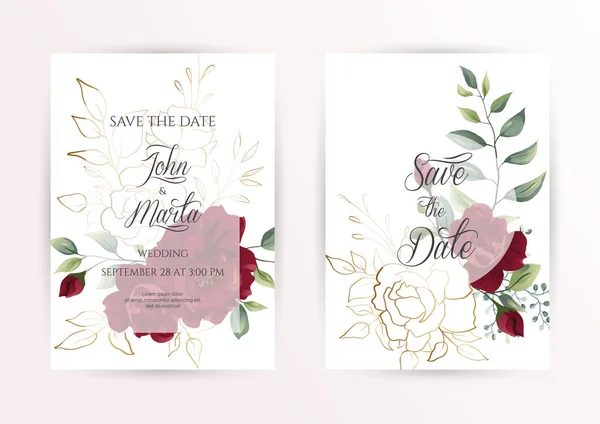 Conjunto Convite Casamento Cartão Com Flores Vermelhas Rosa Folhas Eucalipto —  Vetores de Stock