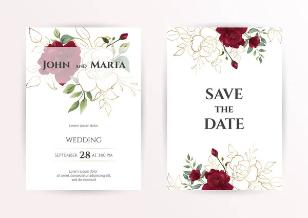 Hochzeitseinladungsset Mit Roten Blüten Eukalyptusblättern Floral Trendy Vorlagen Für Banner — Stockvektor