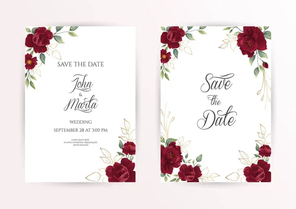 Γαμήλια Πρόσκληση Σετ Κάρτας Κόκκινα Λουλούδια Τριαντάφυλλο Φύλλα Ευκαλύπτου Floral — Διανυσματικό Αρχείο