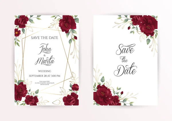 Conjunto Invitación Boda Tarjeta Con Flores Rojas Rosa Hojas Eucalipto — Archivo Imágenes Vectoriales