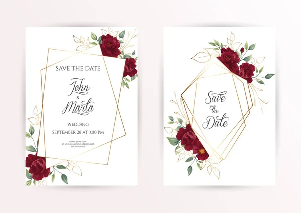Conjunto Convite Casamento Cartão Com Flores Vermelhas Rosa Folhas Eucalipto —  Vetores de Stock