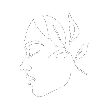 Devamlı bir kadın yüzü çizimi. Sürekli çizgi çizimi. Logo, simge, etiket. Bir dişinin vektör portresi. Güzellik Konsepti, tişört baskısı, kartpostal, poster