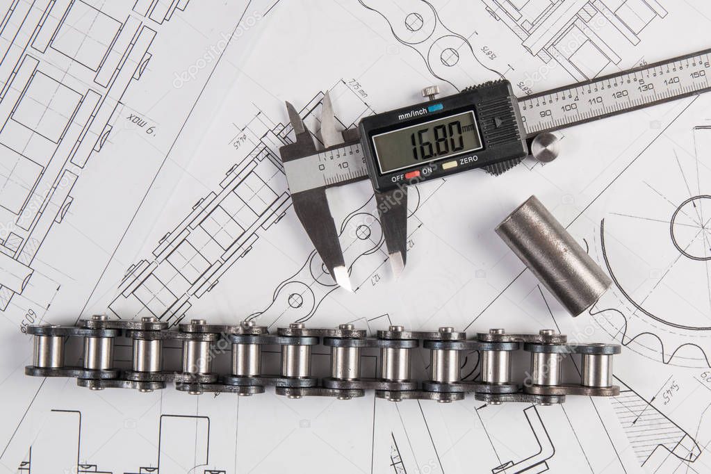 Driving roller chain and caliper on engineering drawings