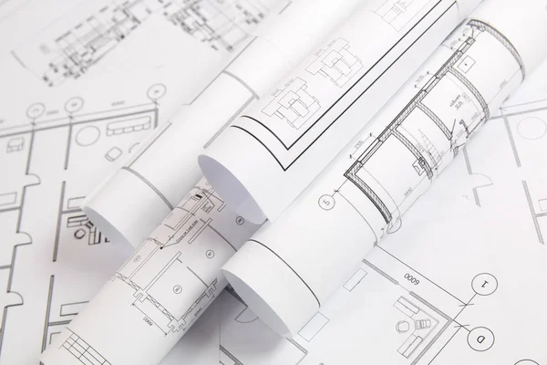 Lápis Nível Espírito Desenhos Casas Engenharia Papel Plantas — Fotografia de Stock