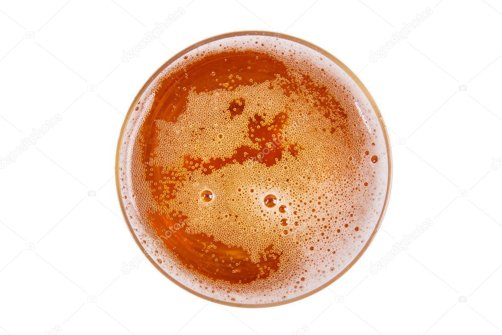 Beer in glass. Beer foam. View from above.