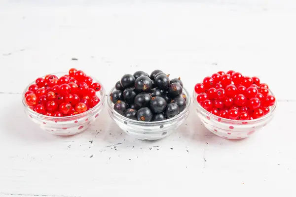 Grosella negra y roja sobre fondo blanco de madera —  Fotos de Stock