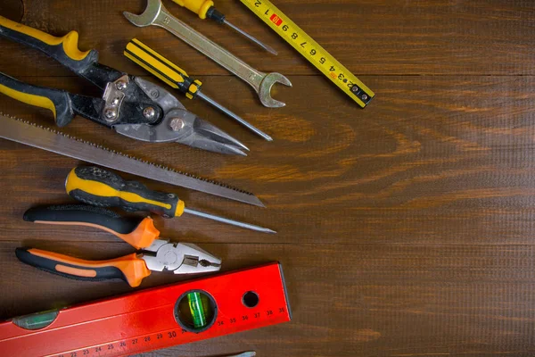 Hulpmiddelen Van Bouw Van Oude Hand Een Houten Ondergrond — Stockfoto