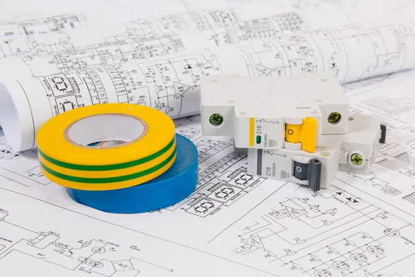 Desenhos Engenharia Elétrica Disjuntor Modular Elétrico Fita Isolante Proteção Comutação — Fotografia de Stock