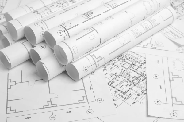 Paper architectural drawings and blueprint. Engineering blueprint — Stock Photo, Image