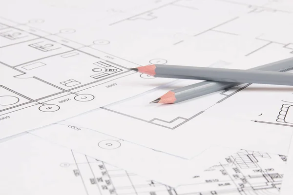 铅笔和纸工程房屋图纸和蓝图. — 图库照片