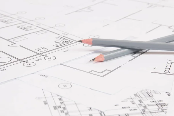 鉛筆や紙工学家の図面や設計図. — ストック写真