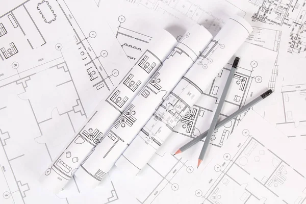 Pencils and paper engineering house drawings and blueprints. — Stock Photo, Image