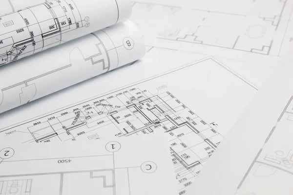 Výkresy a modrotisky v papírové architektuře — Stock fotografie